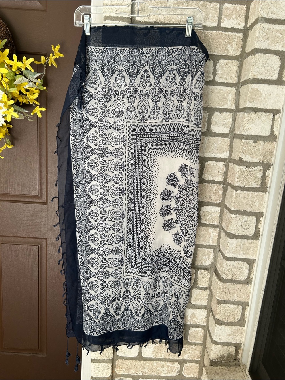 Navy and White Paisley Print Wrap Scarf.